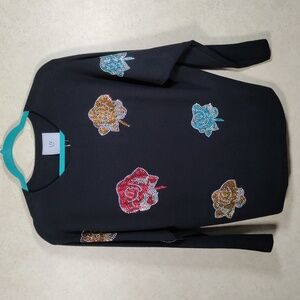 04527 LIV Milano black floral dolman sleeve light sweater S NWT